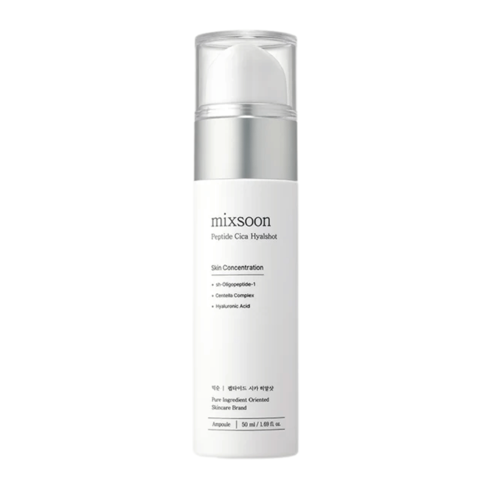Mixsoon Peptide Cica Hyalshot – soro hidratante com centella e ácido hialurônico em frasco branco elegante com detalhes em prata. Adequado para pele sensível e ajuda a fortalecer a barreira cutânea.