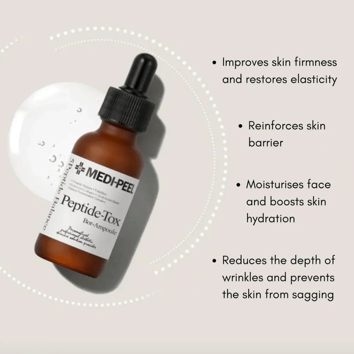 MEDI-PEEL Peptide-Tox Bor Ampoule – sérum facial coreano com peptídeos que melhora a firmeza da pele, fortalece a barreira cutânea, hidrata profundamente e reduz rugas visíveis.
