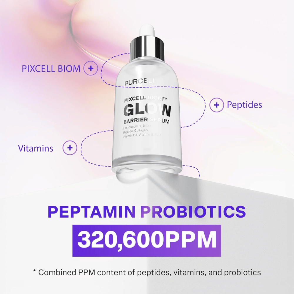 PURCELL Pixcell Biom Glow Barrier Serum com Peptamin Probiotics 320 600 PPM – combinação de peptídeos, vitaminas e probióticos.