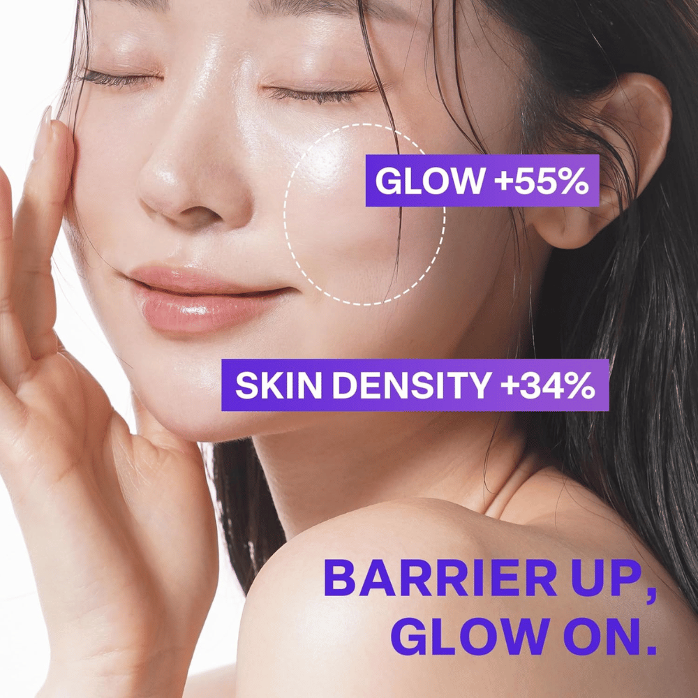 Close-up de mulher com pele radiante após o uso de PURCELL Pixcell Biom Glow Barrier Serum. O brilho da pele aumenta em 55% e a densidade em 34%.