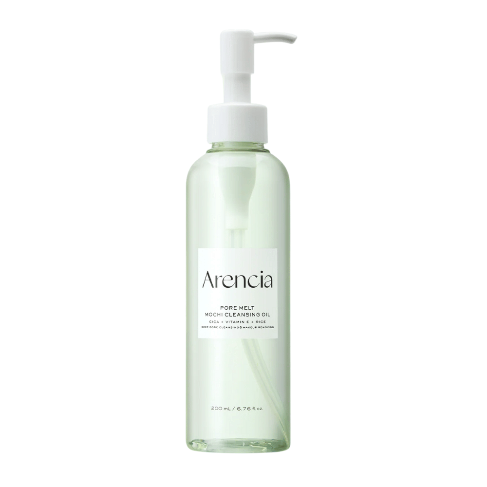 Arencia Pore Melt Mochi Cleansing Oil em imagem completa contra fundo branco, limpeza de óleo coreano com frasco de bomba que limpa poros e remove maquilhagem sem irritação.
