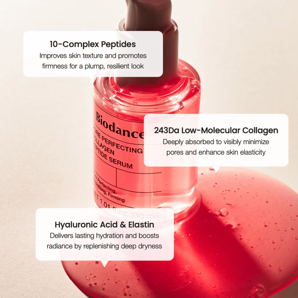 Biodance Pore Perfecting Collagen Peptide Serum com peptídeos, colágeno e ácido hialurônico para uma pele mais firme.