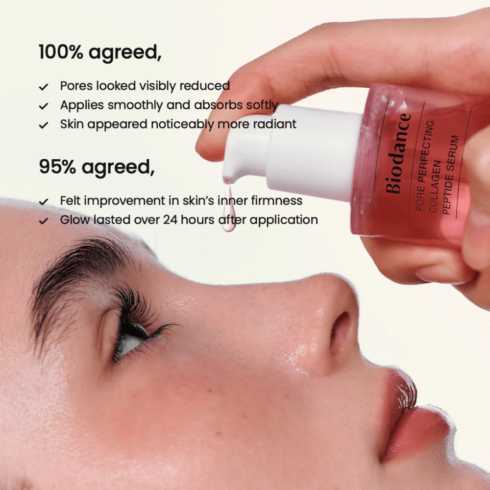 Biodance Collagen Peptide Serum é aplicado no rosto – sérum reafirmante para redução de poros e aumento do brilho.