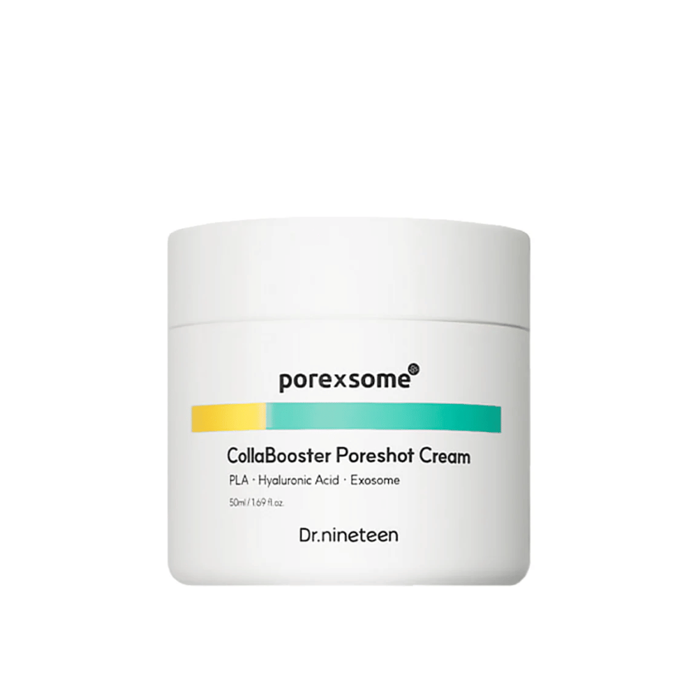 Imagem do produto de Porexsome CollaBooster Poreshot Cream em pote branco com detalhes em amarelo e turquesa. Um creme facial que refina os poros e hidrata.