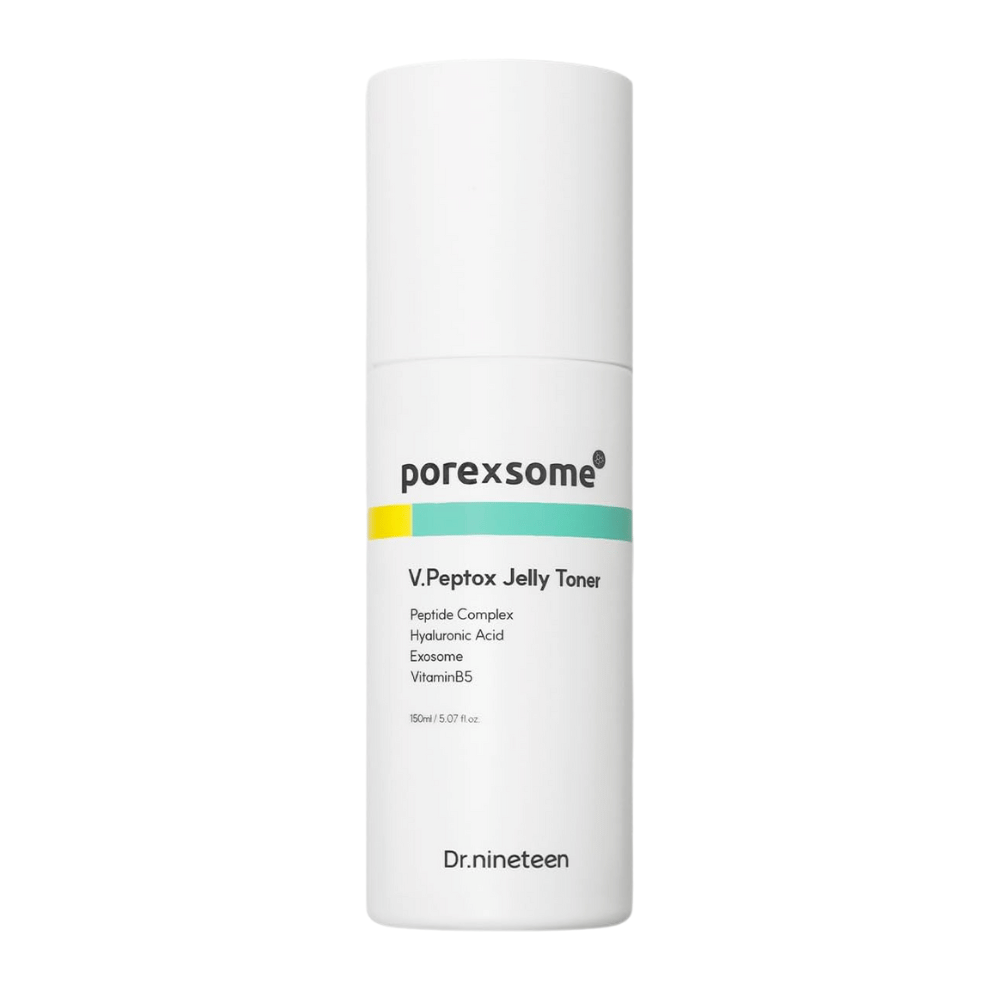 Imagem do produto de Dr.nineteen Porexsome V.Peptox Jelly Toner em garrafa branca. Um toner hidratante com peptídeos, exossomos e vitamina B5.
