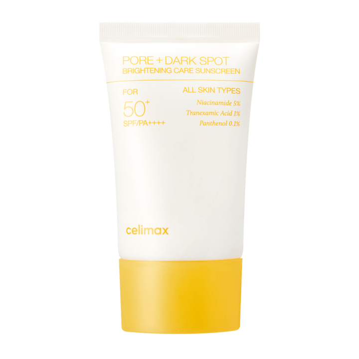 Celimax Pore+Dark Spot Brightening Care Sunscreen SPF50+ PA++++ – creme solar coreana leve com niacinamida e ácido tranexâmico para uma pele mais clara e uniforme