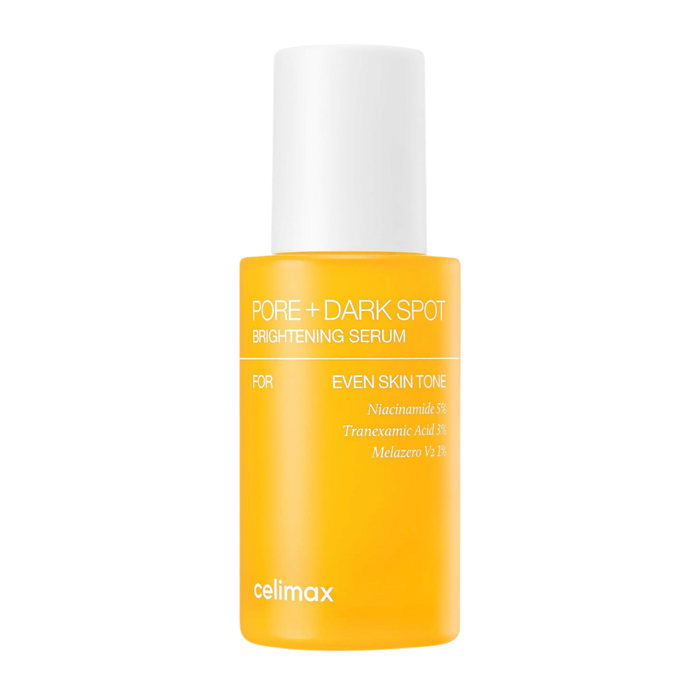 Celimax Pore + Dark Spot Brightening Serum em uma garrafa amarela em pé com tampa branca, contém niacinamida, ácido tranexâmico e Melazero.