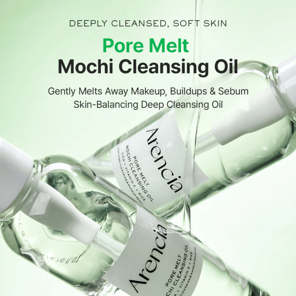 Imagem do produto com benefícios para Arencia Pore Melt Mochi Cleansing Oil, dissolve maquilhagem e sebo, apoia a barreira cutânea e deixa a pele macia sem sensação de repuxamento.