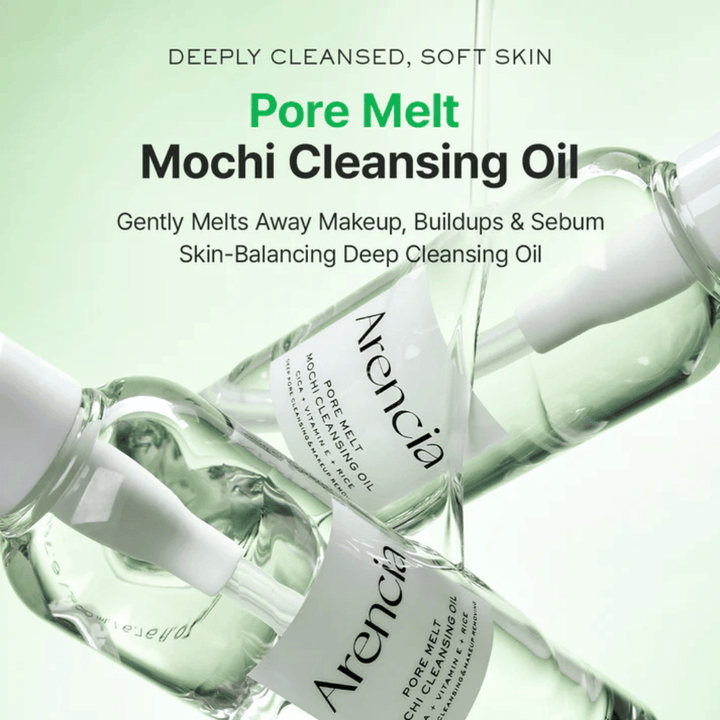 Imagem do produto com benefícios para Arencia Pore Melt Mochi Cleansing Oil, dissolve maquilhagem e sebo, apoia a barreira cutânea e deixa a pele macia sem sensação de repuxamento.