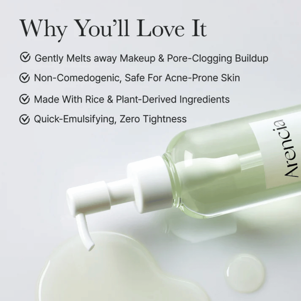 Imagem informativa sobre Arencia Pore Melt Mochi Cleansing Oil como 100% amigável aos poros e não comedogénico, desenvolvido para pele sensível e propensa a acne.