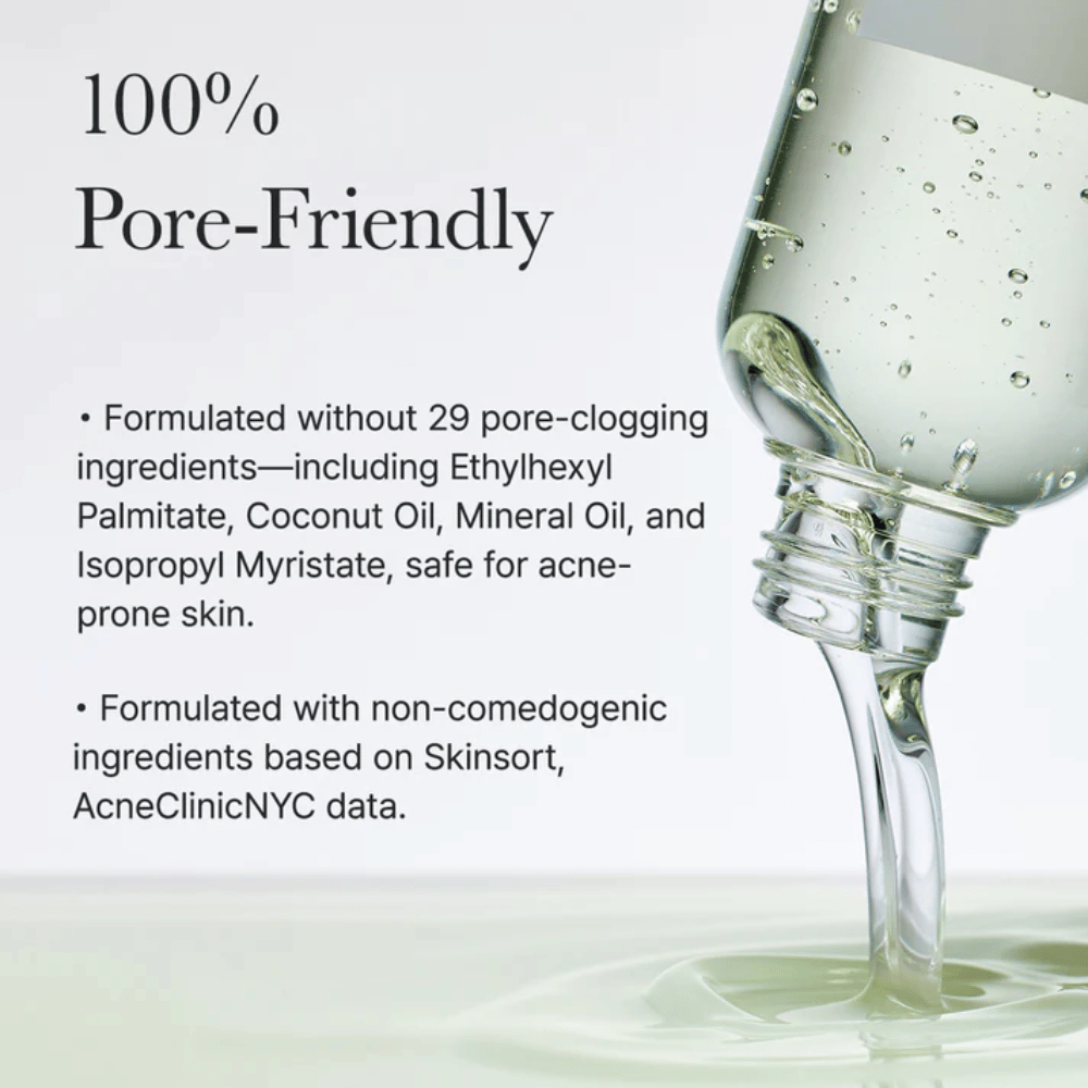 Imagem aproximada de Arencia Pore Melt Mochi Cleansing Oil sendo vertida, mostrando textura leve de óleo que emulsiona rapidamente e limpa poros profundamente sem obstruir.