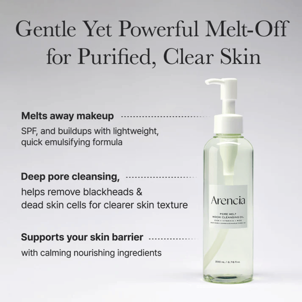 Arencia Pore Melt Mochi Cleansing Oil em imagem completa com texto sobre limpeza profunda, dissolve maquilhagem, SPF e impurezas enquanto mantém o equilíbrio de hidratação da pele.