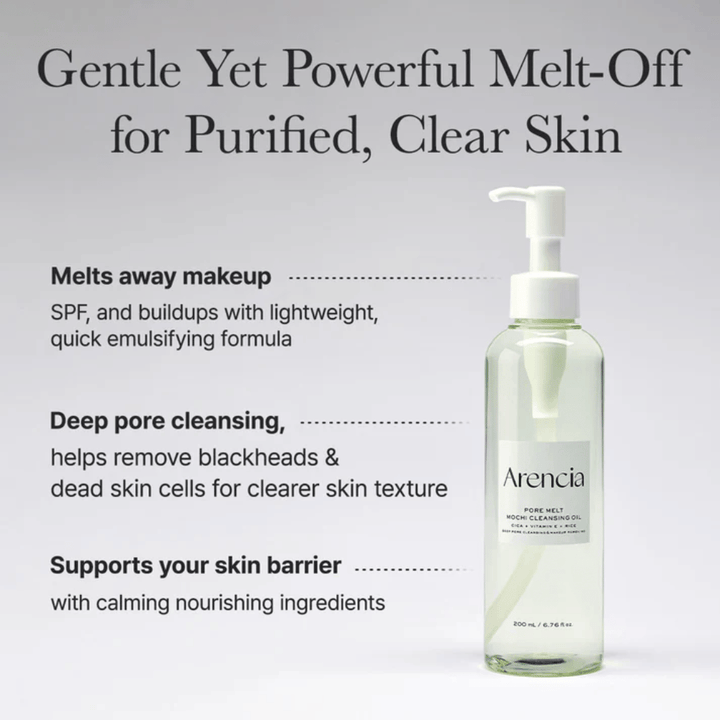Arencia Pore Melt Mochi Cleansing Oil em imagem completa com texto sobre limpeza profunda, dissolve maquilhagem, SPF e impurezas enquanto mantém o equilíbrio de hidratação da pele.