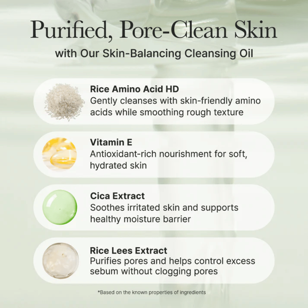 Visão geral de ingredientes para Arencia Pore Melt Mochi Cleansing Oil com aminoácido de arroz, vitamina E, extrato de cica e extrato de lees de arroz para limpeza suave e barreira cutânea fortalecida.