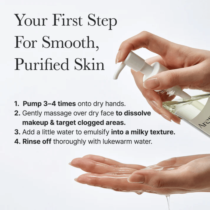 Imagem de instrução mostrando como Arencia Pore Melt Mochi Cleansing Oil é usado como o primeiro passo na rotina de limpeza para uma pele mais lisa, limpa e equilibrada.