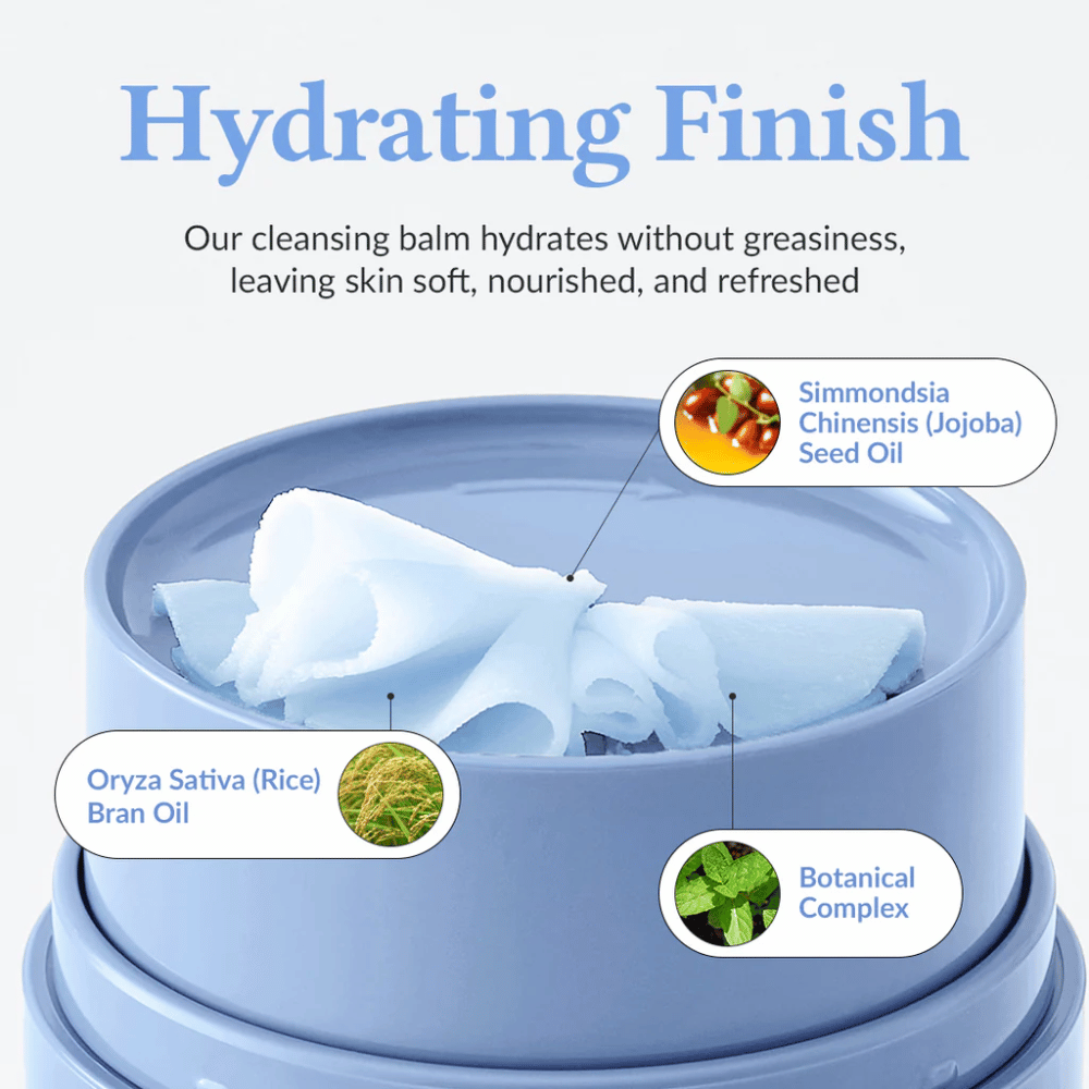 Dr.Althea Pore Refresh Grinding Cleansing Balm com o texto "Hydrating Finish" acima. O produto contém Simmondsia Chinensis (Jojoba) Seed Oil, Oryza Sativa (Rice) Bran Oil, e um complexo botânico. O creme proporciona um efeito hidratante sem sensação oleosa, deixando a pele macia, nutrida e fresca.