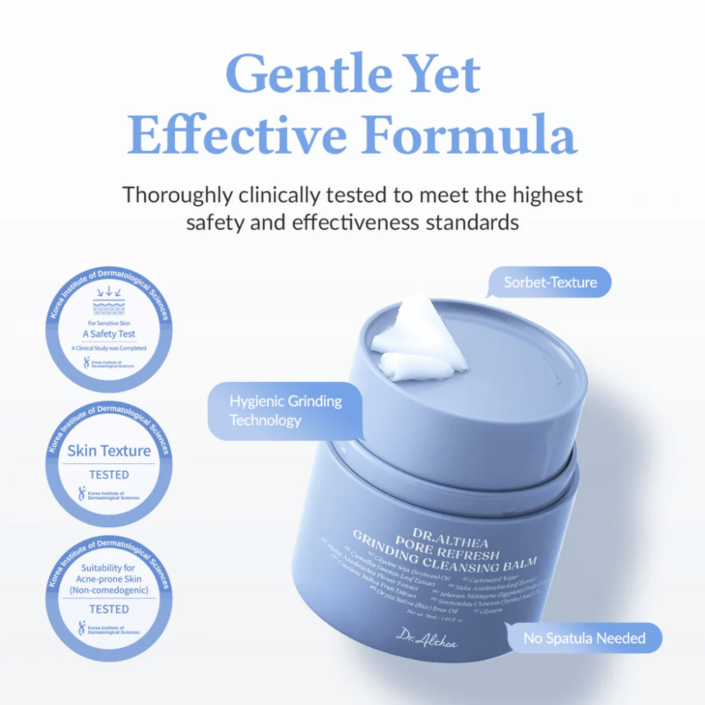 Dr.Althea Pore Refresh Grinding Cleansing Balm com o texto "Gentle Yet Effective Formula" acima. O frasco tem uma textura de sorvete com tecnologia de moagem higiênica e não requer espátula para uso. Clinicamente testado para pele sensível e propensa a acne (não comedogênico).