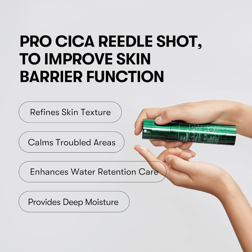 VT Cosmetics Pro Cica Reedle Shot 100 é aplicado na pele para melhorar a barreira cutânea, acalmar a pele sensível e proporcionar hidratação profunda