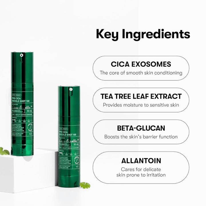 VT Cosmetics Pro Cica Reedle Shot 100 com ingredientes chave como exossomas de CICA, extrato de tea tree, beta-glucano e alantoína para cuidados calmantes e fortalecedores da barreira da pele