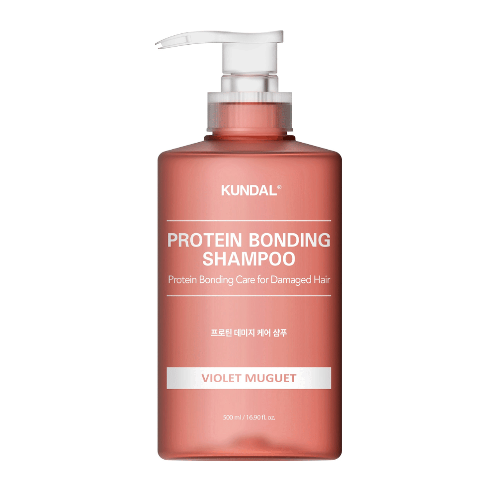 KUNDAL Protein Bonding Shampoo Violet Muguet 500 ml em garrafa com bomba contra fundo branco.