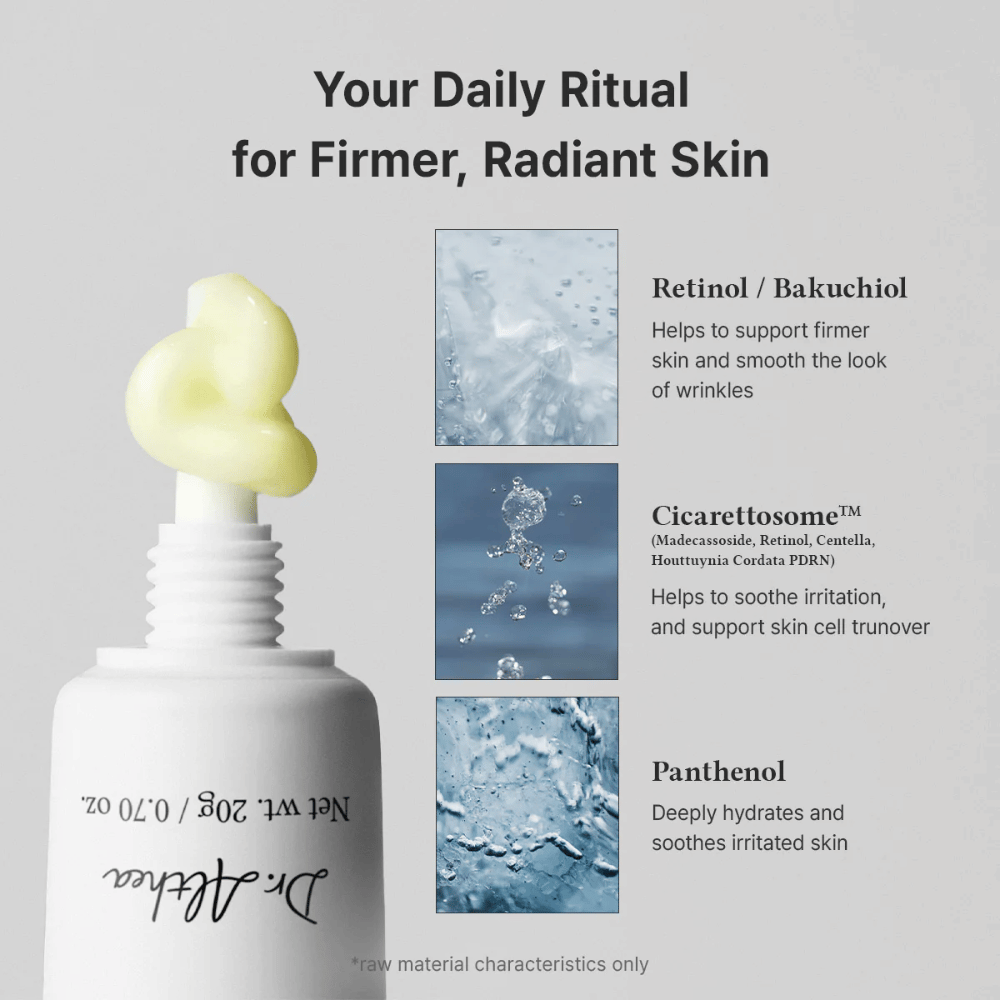Imagem de ingredientes que mostra alguns dos componentes principais do produto. O retinol e o bakuchiol são apresentados para apoiar a firmeza da pele e reduzir os sinais visíveis de envelhecimento, enquanto o pantenol ajuda a hidratar e acalmar a pele. A imagem inclui também a textura cremosa do produto.