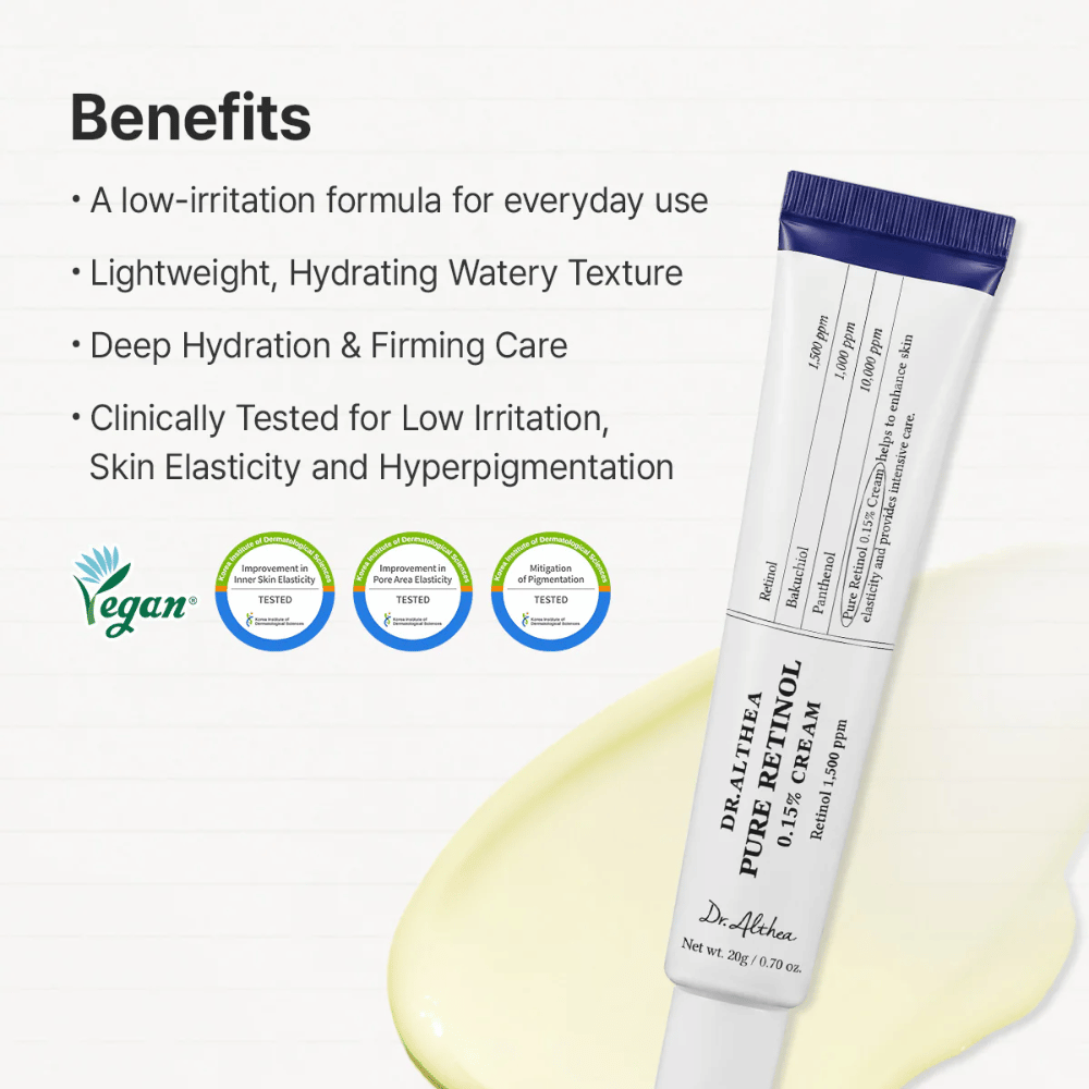 Imagem de benefícios que apresenta as propriedades mais importantes do produto. Aqui, destacam-se a fórmula de baixa irritação, a textura hidratante, o efeito reafirmante, bem como os testes clínicos para a elasticidade da pele e a pigmentação. A certificação vegana e os resultados dos testes são apresentados claramente juntamente com o produto.