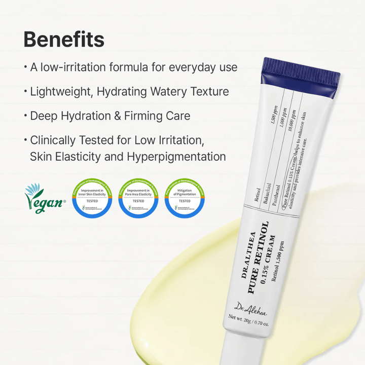 Imagem de benefícios que apresenta as propriedades mais importantes do produto. Aqui, destacam-se a fórmula de baixa irritação, a textura hidratante, o efeito reafirmante, bem como os testes clínicos para a elasticidade da pele e a pigmentação. A certificação vegana e os resultados dos testes são apresentados claramente juntamente com o produto.
