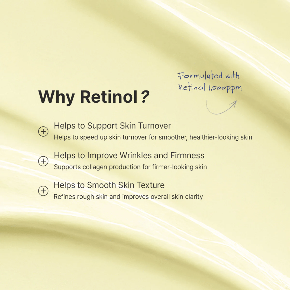 Imagem guia que explica como o retinol deve ser introduzido na rotina de cuidados da pele. O foco está em usar uma quantidade do tamanho de uma ervilha, começar 1–2 vezes por semana e aplicar à noite. A imagem inclui também informação importante sobre precaução durante a gravidez, a amamentação e em caso de possível irritação.