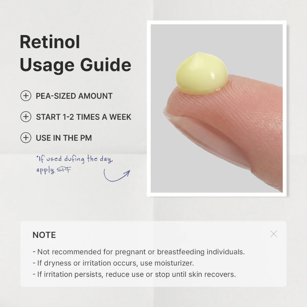 Imagem guia que explica como o retinol deve ser introduzido na rotina de cuidados da pele. O foco está em usar uma quantidade do tamanho de uma ervilha, começar 1–2 vezes por semana e aplicar à noite. A imagem inclui também informação importante sobre precaução durante a gravidez, a amamentação e em caso de possível irritação.
