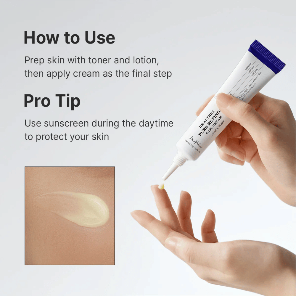 Imagem de instruções que mostra como Dr. Althea Pure Retinol 0.15% Cream é aplicado. Uma mão segura a bisnaga enquanto uma pequena quantidade de creme é pressionada para a ponta do dedo. A imagem inclui também um primeiro plano da textura cremosa amarelo-clara e recomenda proteção solar durante o dia ao usar retinol.