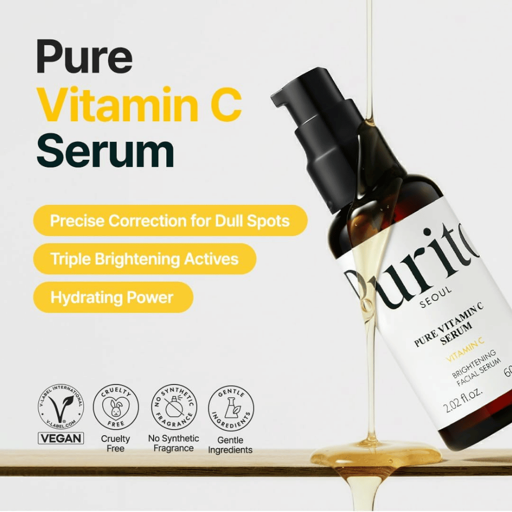 Purito SEOUL Pure Vitamin C Serum com vitamina C, água de bambu hidratante e ingredientes que dão luminosidade – fórmula vegana e cruelty-free sem fragrância sintética.