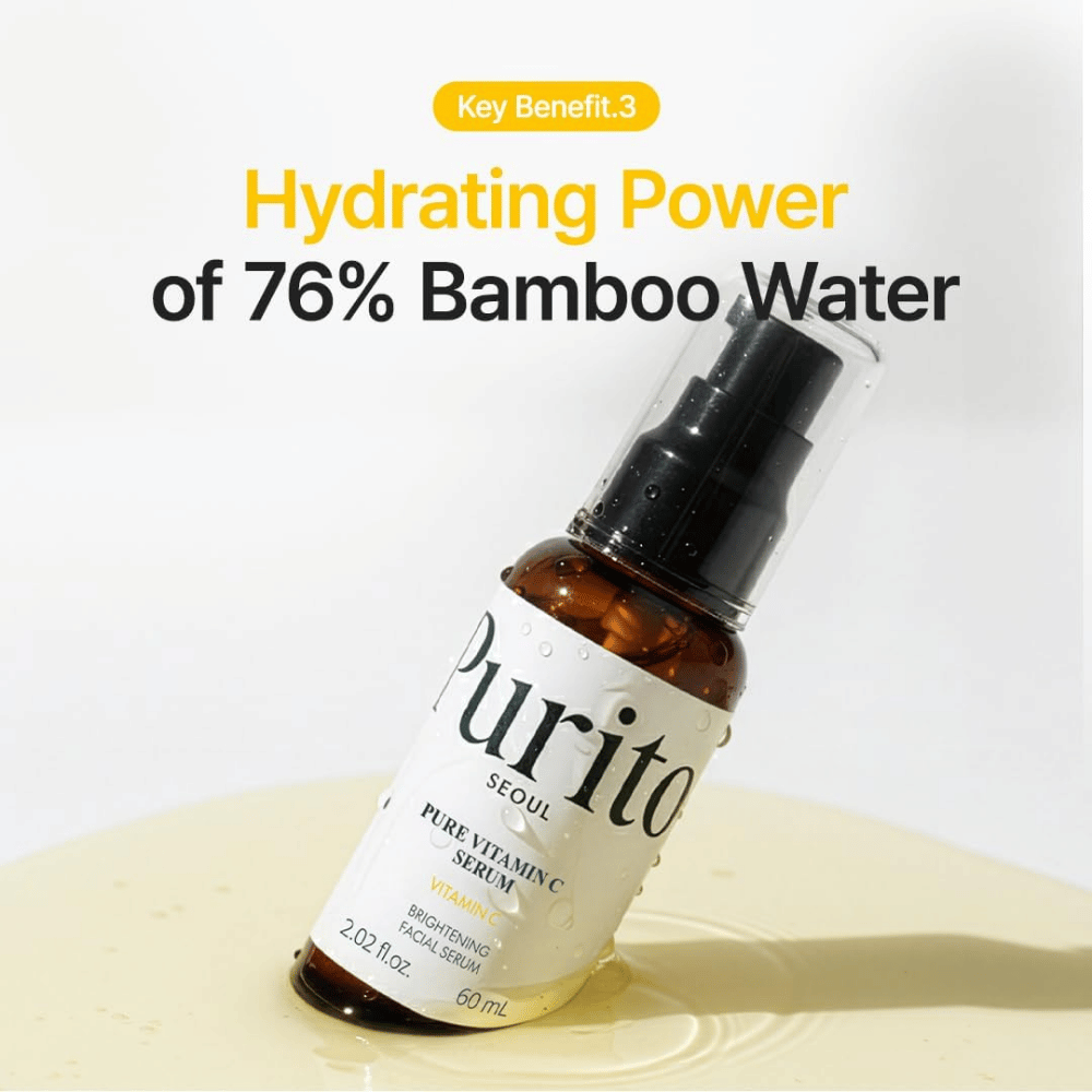 Purito SEOUL Pure Vitamin C Serum com 76% de água de bambu que ajuda a hidratar a pele ao mesmo tempo que o sérum proporciona luminosidade.