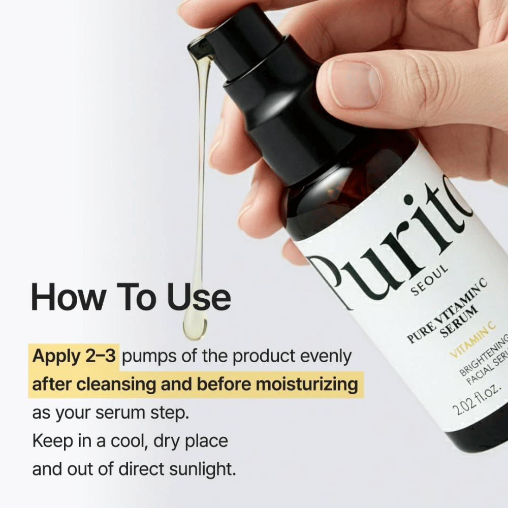 Como usar Purito SEOUL Pure Vitamin C Serum – aplique 2–3 pressões após a limpeza e antes do creme de rosto, como etapa de sérum na rotina de cuidados de pele.