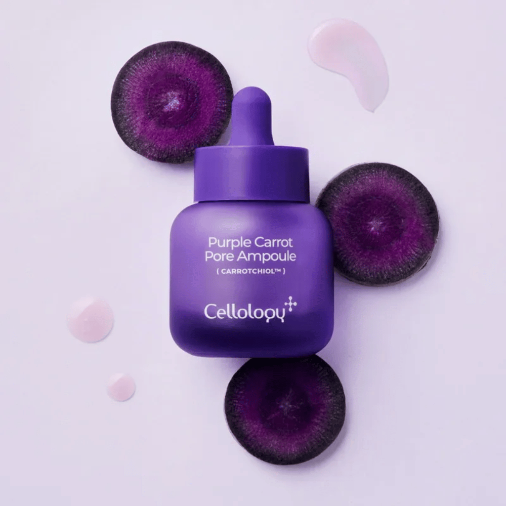 Cellology Purple Carrot Pore Ampoule com cenoura roxa e Carrotchiol para cuidado dos poros e uma sensação de pele mais suave.