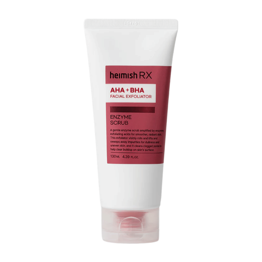 Heimish RX AHA + BHA Enzyme Scrub em um tubo branco com rótulo vermelho. Um esfoliante facial que contém AHA e BHA para remover impurezas e melhorar a textura da pele. O produto está colocado contra um fundo branco.