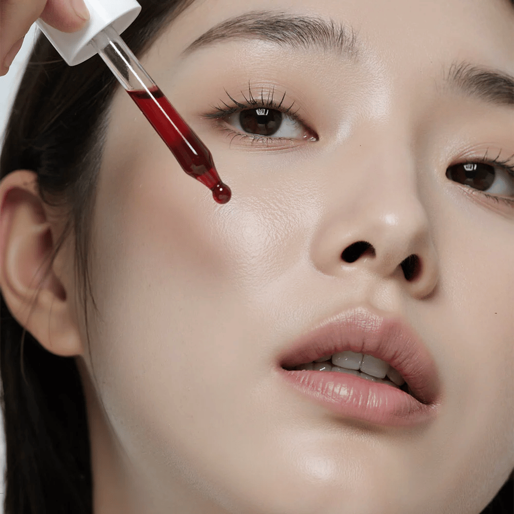 Close-up de uma mulher com pele lisa aplicando Heimish RX AHA BHA 30% Peeling Serum com uma pipeta, onde uma gota vermelha está prestes a atingir sua bochecha.