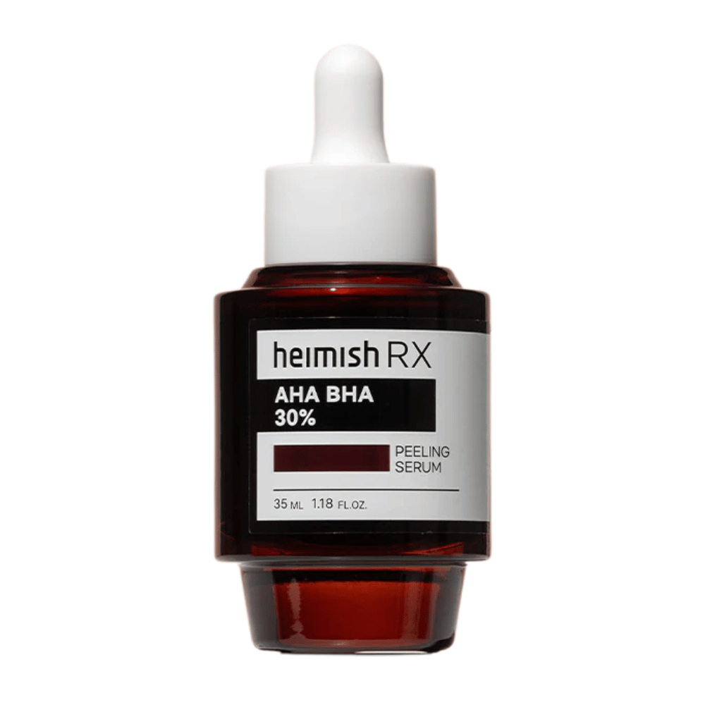 Heimish RX AHA BHA 30% Peeling Serum em um frasco de vidro vermelho escuro com pipeta, projetado para esfoliação e melhoria da textura da pele.