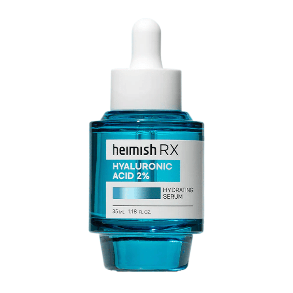 Heimish RX Ácido Hialurônico 2% Sérum Hidratante em um frasco de vidro azul com tampa de conta-gotas, projetado para hidratação intensa da pele.