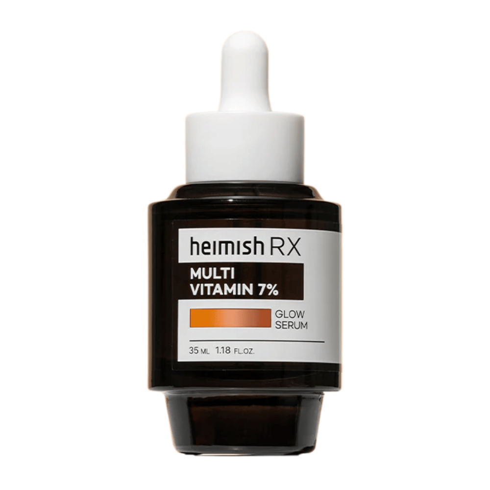 Heimish RX Multi Vitamina 7% Glow Serum em uma garrafa de vidro escuro com tampa de pipeta, projetada para dar brilho e nutrição à pele.