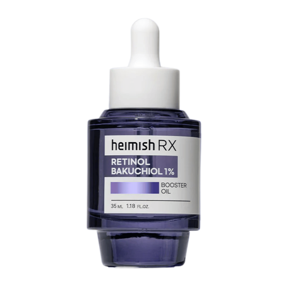 Heimish RX Retinol Bakuchiol Booster Oil em uma elegante garrafa de vidro roxa com conta-gotas, projetada para melhorar a elasticidade da pele e reduzir linhas finas.