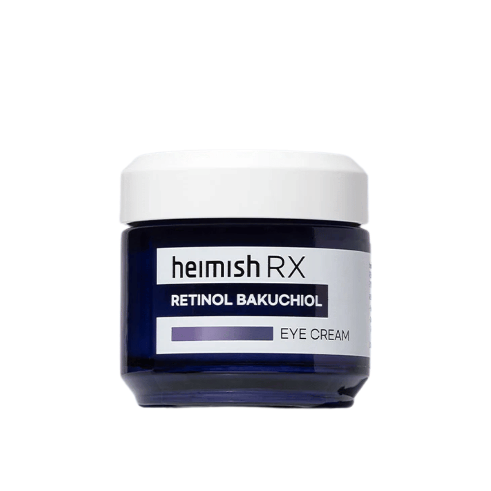 Heimish RX Retinol Bakuchiol Eye Cream em um frasco azul escuro com tampa branca. Um creme para os olhos enriquecido com retinol e bakuchiol para uma pele mais lisa e firme ao redor dos olhos.