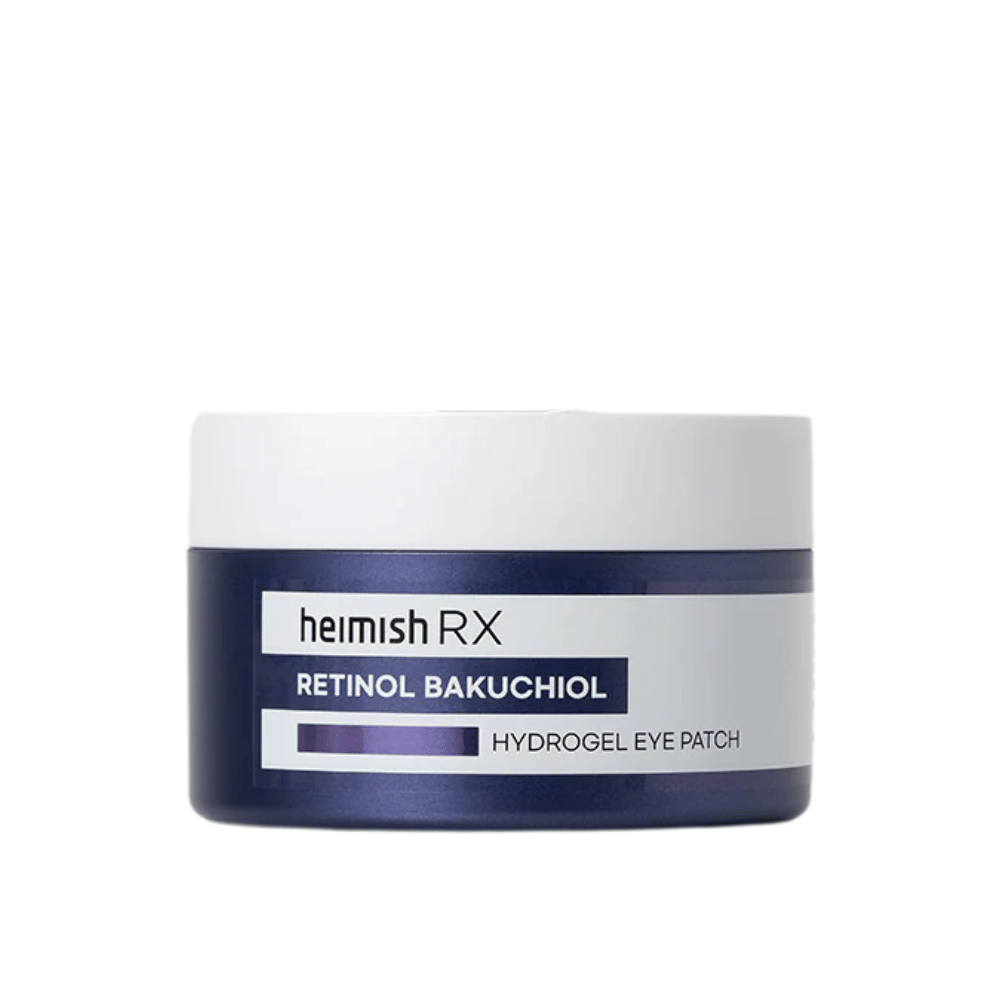Heimish RX Retinol Bakuchiol Hydrogel Eye Patch em um pote azul escuro com tampa branca. Remendos oculares intensamente hidratantes e reafirmantes para um visual mais jovem.