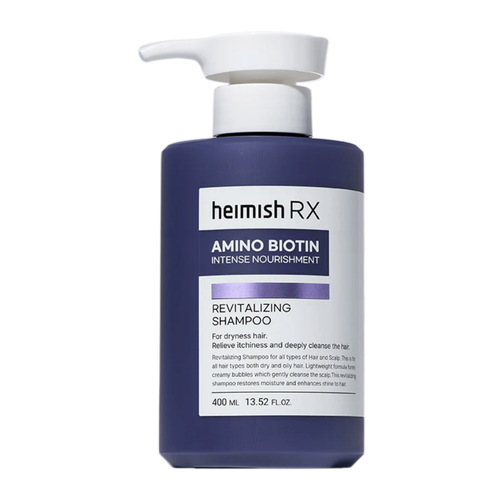 Heimish RX Amino Biotin Revitalizing Shampoo 400 ml – champô nutritivo para cabelo seco e sem vida, com biotina e aminoácidos para fortalecer e hidratar cabelo e couro cabeludo.