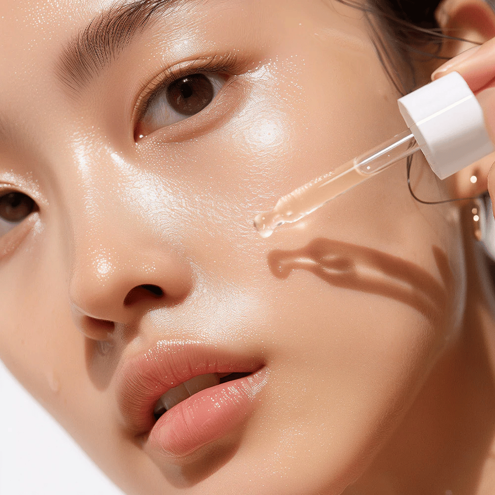 Close-up de uma pessoa com pele radiante aplicando Heimish RX Retinol Bakuchiol Booster Oil com um conta-gotas. O óleo é cuidadosamente pingado na bochecha para hidratação e nutrição intensiva.