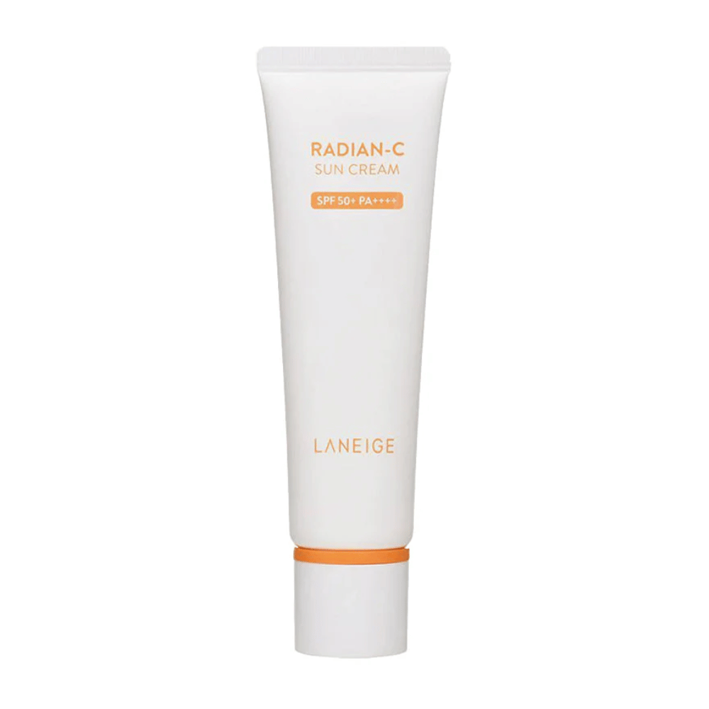 LANEIGE Radian-C Sun Cream SPF 50+ PA++++ em tubo branco com texto laranja, recortado sobre fundo branco.