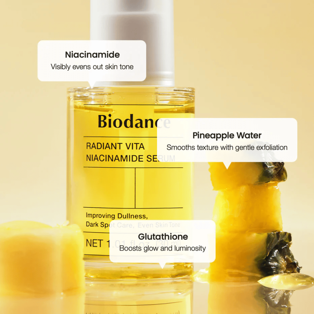 Biodance Radiant Vita Niacinamide Serum com niacinamida, água de ananás e glutationa para brilho, tom de pele uniforme e esfoliação suave