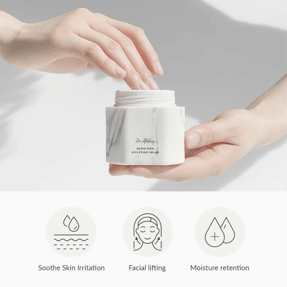 Dr. Althea Rapid Firm Sculpting Cream em uma embalagem de mármore elegante. O produto oferece benefícios como acalmar irritações na pele, proporcionar lifting facial e manter a hidratação. Perfeito para fortalecer e elevar a pele.