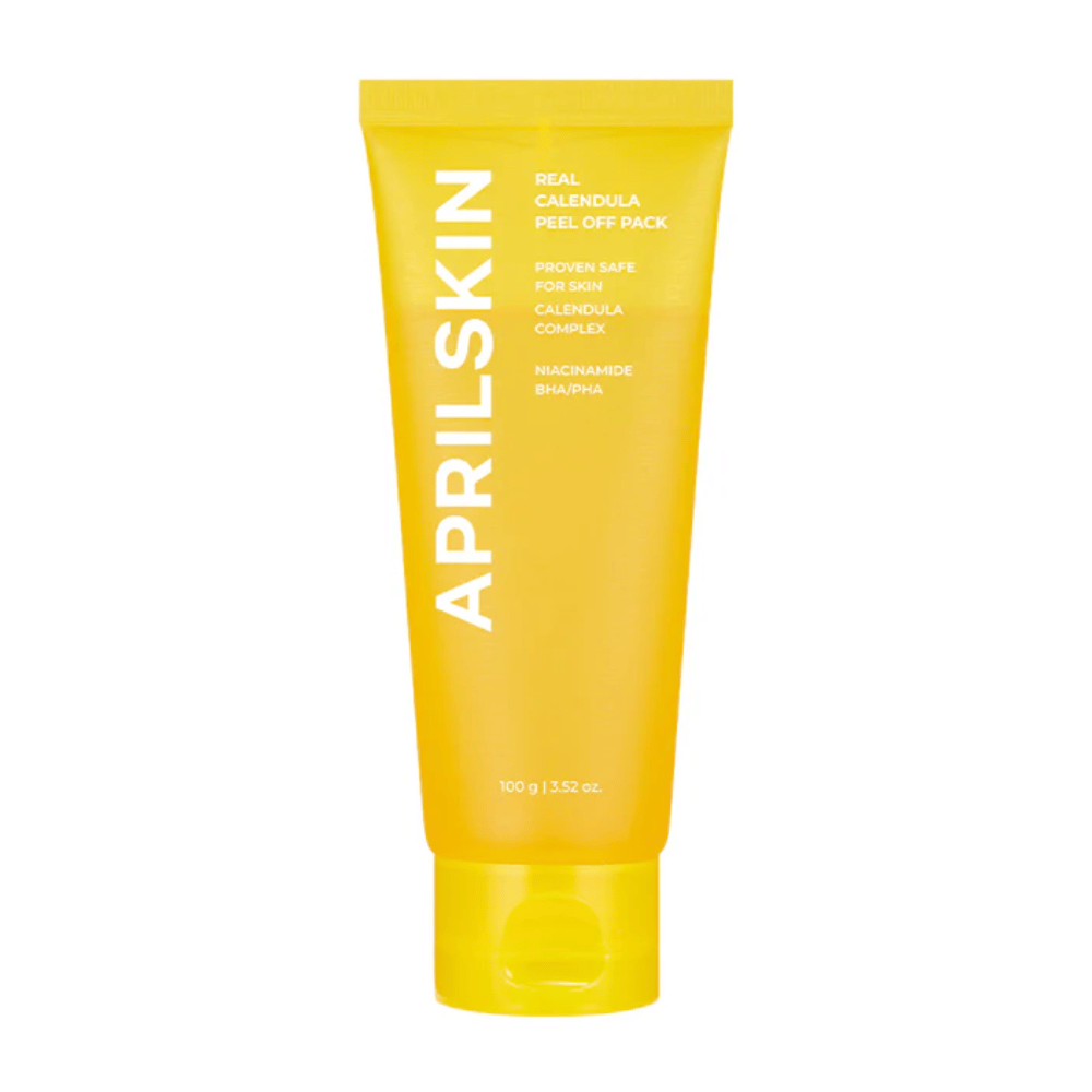 A imagem mostra um tubo amarelo com "Real Calendula Peel Off Pack" de APRILSKIN. O produto contém ingredientes como calêndula, niacinamida, além de BHA e PHA para esfoliar suavemente a pele.