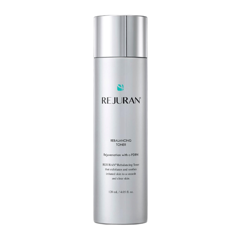 Rejuran Rebalancing Toner 120 ml, tónico facial equilibrante com C-PDRN numa garrafa prateada com tampa brilhante sobre fundo branco.