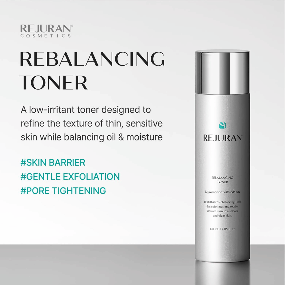 Rejuran Rebalancing Toner 120 ml, tónico facial suavemente esfoliante com C-PDRN para pele sensível. Garrafa prateada com benefícios do produto.